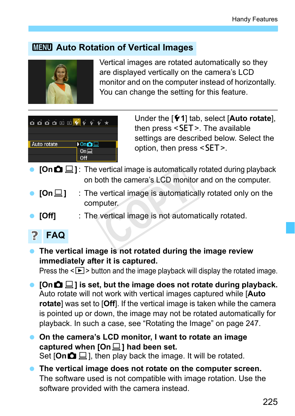 Auto rotation of vertical images, Rtical images (p.225), Cop y | Canon EOS Rebel SL1 18-55mm IS STM Lens Kit User Manual | Page 225 / 388