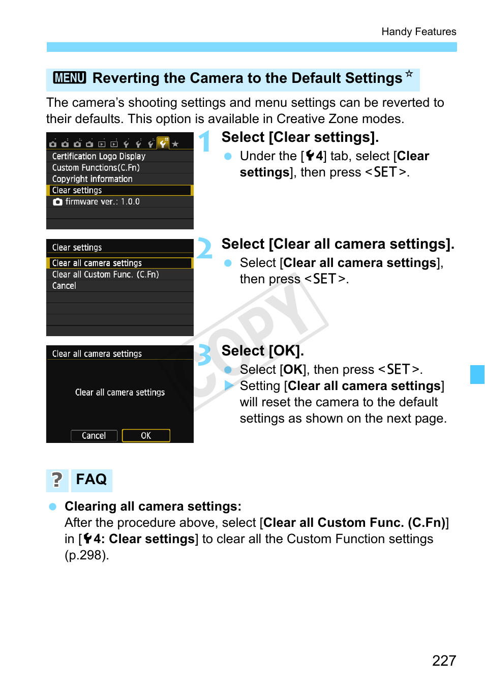 Reverting the camera to the default settings, P.227), all the, Cop y | Canon EOS Rebel SL1 18-55mm IS STM Lens Kit User Manual | Page 227 / 388