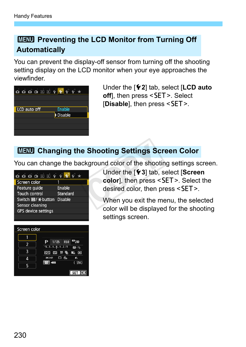 P.230, P.230), Ngs screen color (p.230) | F (p.230), Cop y | Canon EOS Rebel SL1 18-55mm IS STM Lens Kit User Manual | Page 230 / 388