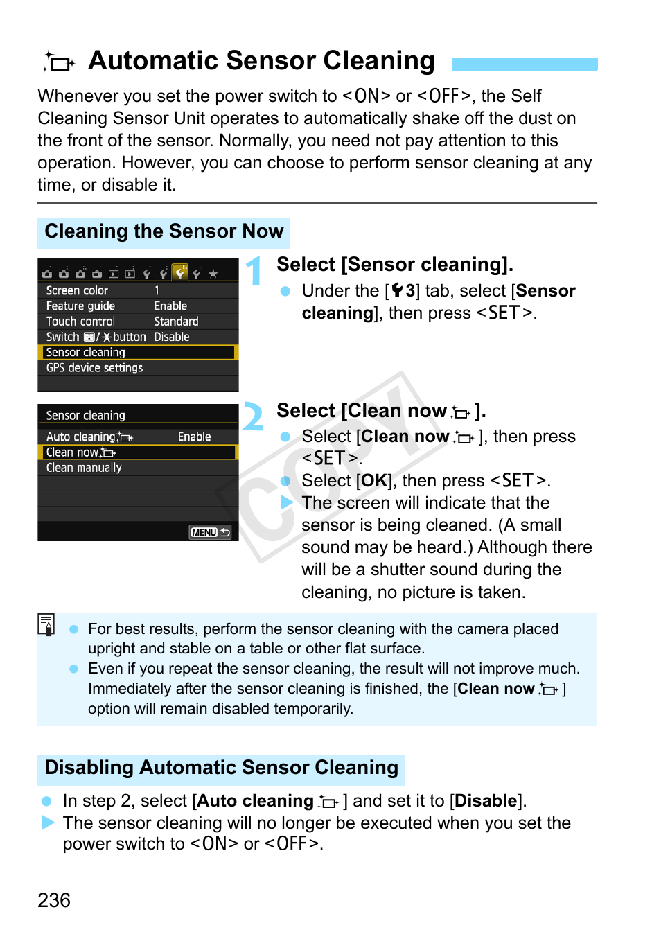 Automatic sensor cleaning, Automatic sensor cleaning (p.236), Sensor cleaning (p.236) | Cop y, Fautomatic sensor cleaning | Canon EOS Rebel SL1 18-55mm IS STM Lens Kit User Manual | Page 236 / 388