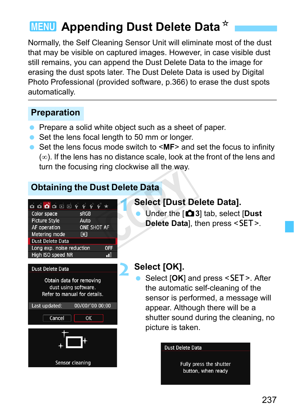 Appending dust delete data, P.237), Cop y | Canon EOS Rebel SL1 18-55mm IS STM Lens Kit User Manual | Page 237 / 388