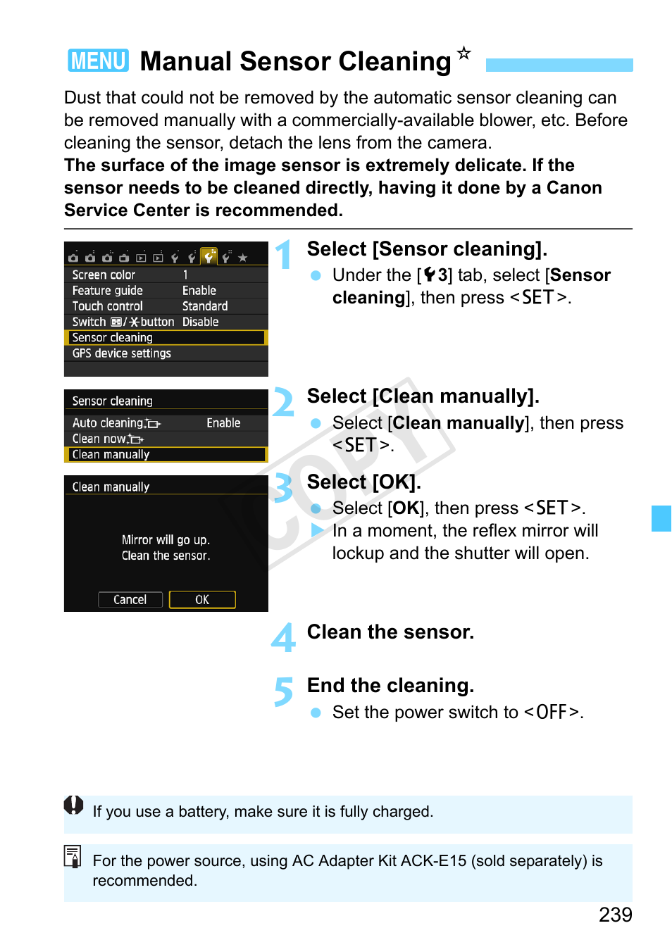 Manual sensor cleaning, Manual sensor cleaning (p.239), Cop y | Canon EOS Rebel SL1 18-55mm IS STM Lens Kit User Manual | Page 239 / 388