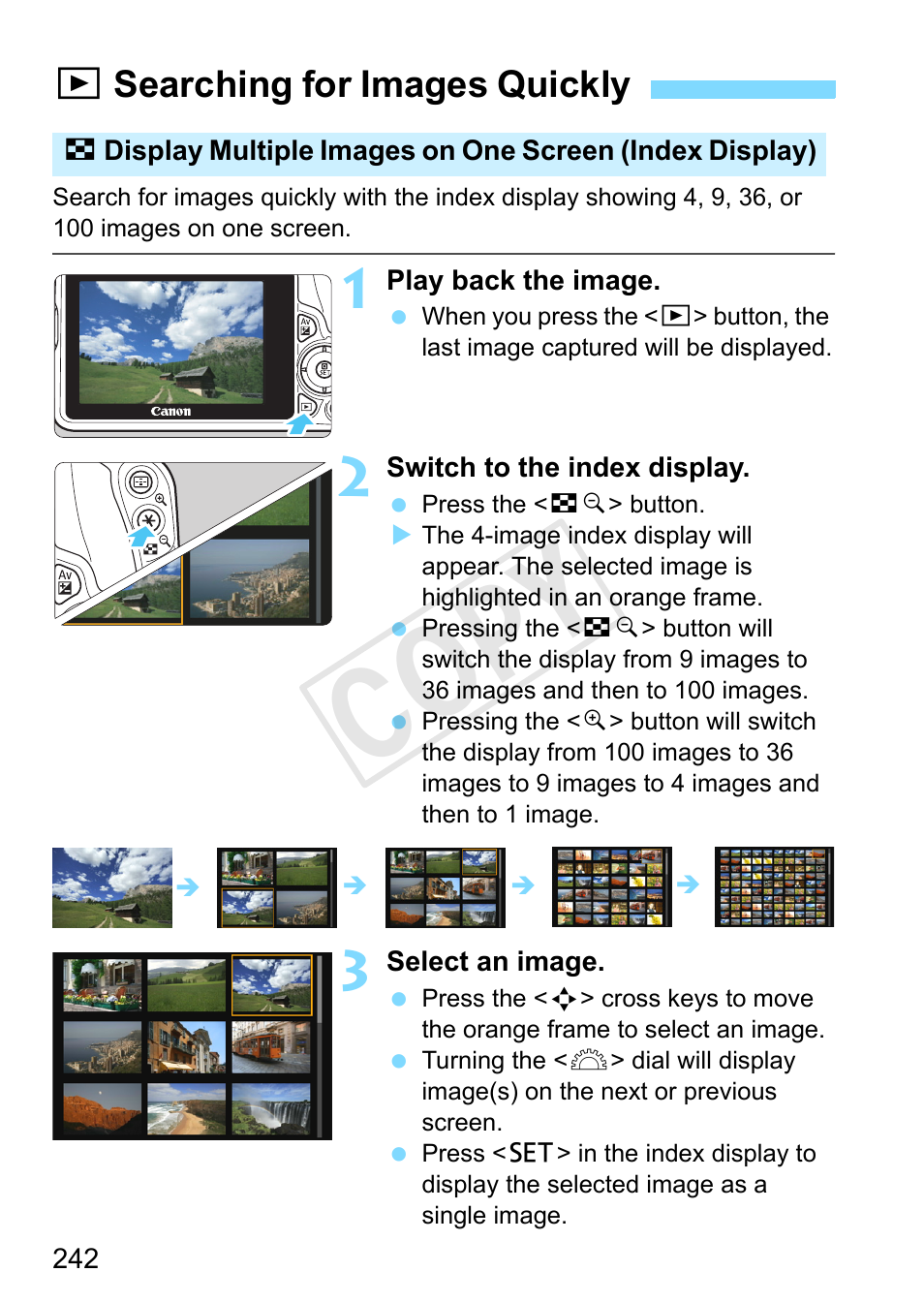 Searching for images quickly, P.242, I searching for images quickly | Cop y, Xsearching for images quickly | Canon EOS Rebel SL1 18-55mm IS STM Lens Kit User Manual | Page 242 / 388
