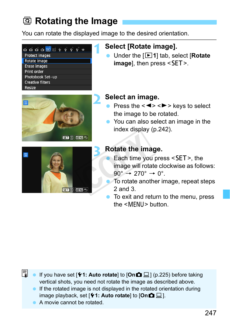 Rotating the image, Cop y | Canon EOS Rebel SL1 18-55mm IS STM Lens Kit User Manual | Page 247 / 388