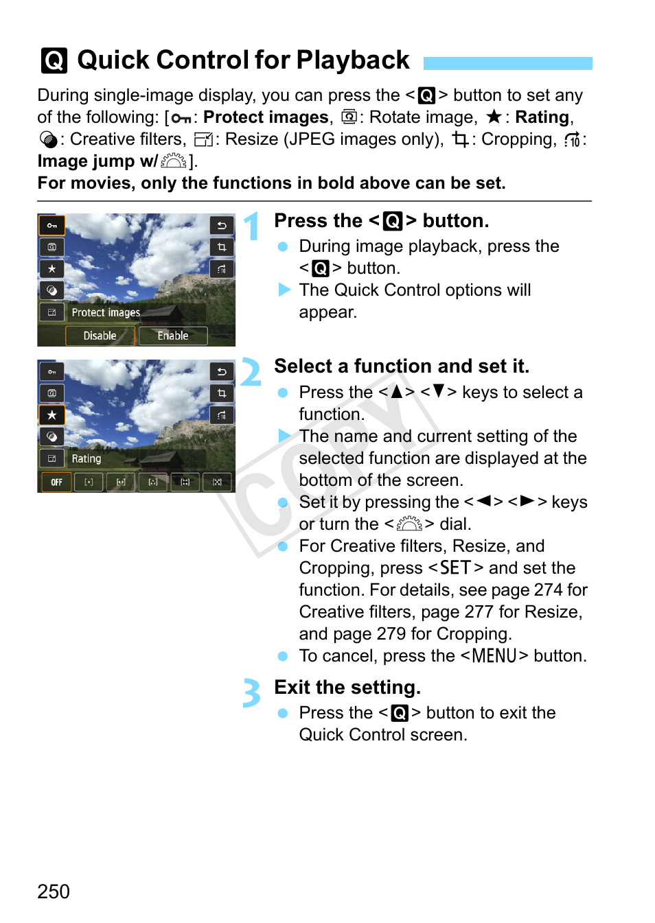 Quick control for playback, Cop y | Canon EOS Rebel SL1 18-55mm IS STM Lens Kit User Manual | Page 250 / 388