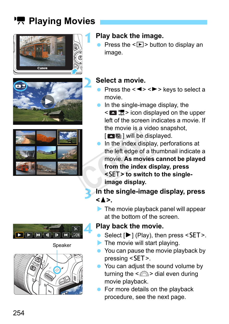Playing movies, Speaker (p.254), Cop y | Kplaying movies | Canon EOS Rebel SL1 18-55mm IS STM Lens Kit User Manual | Page 254 / 388