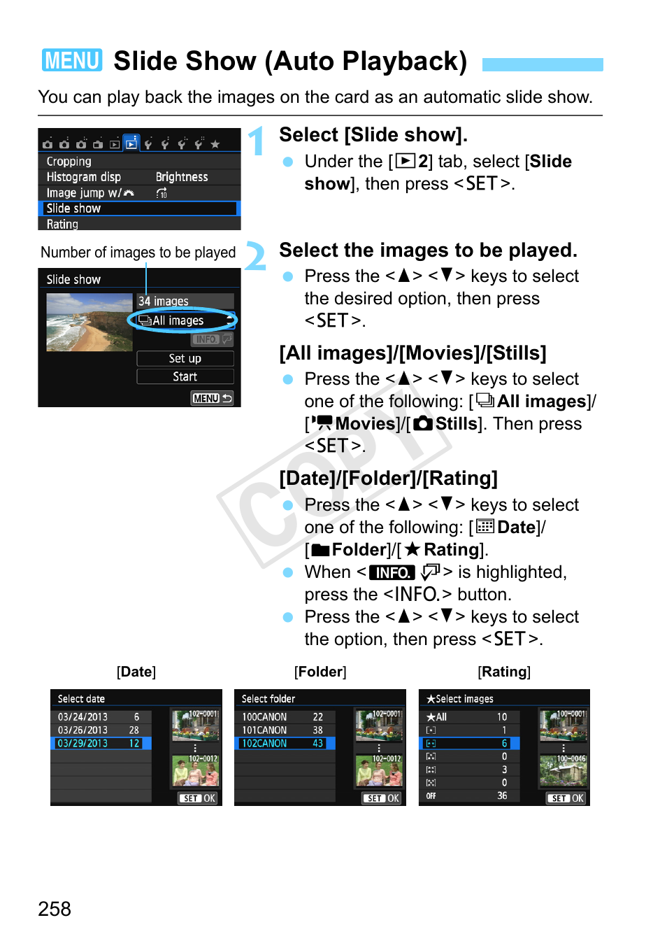 Slide show (auto playback), P.258, Cop y | 3slide show (auto playback) | Canon EOS Rebel SL1 18-55mm IS STM Lens Kit User Manual | Page 258 / 388