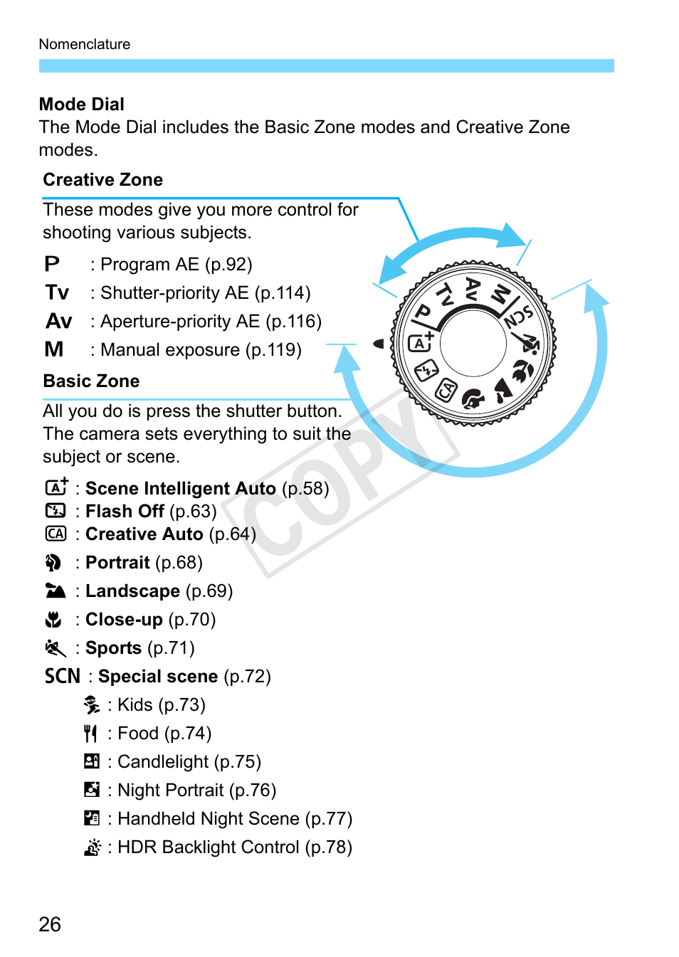 P.26, Mode dial (p.26), In creative zone modes, p.26) | Cop y | Canon EOS Rebel SL1 18-55mm IS STM Lens Kit User Manual | Page 26 / 388