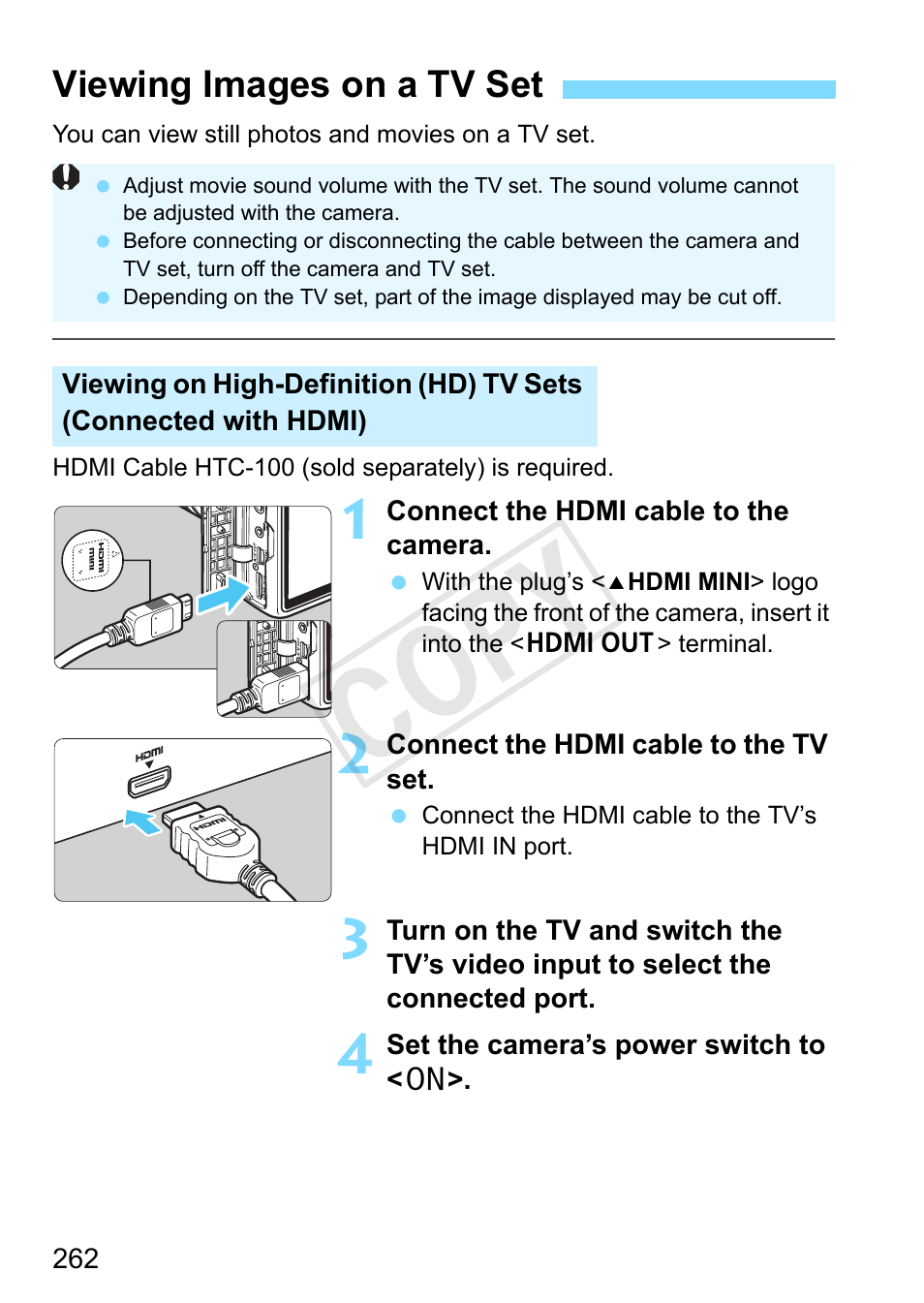 Viewing images on a tv set, P.262, Terminal (p.262) | P.262, 265), Cop y | Canon EOS Rebel SL1 18-55mm IS STM Lens Kit User Manual | Page 262 / 388