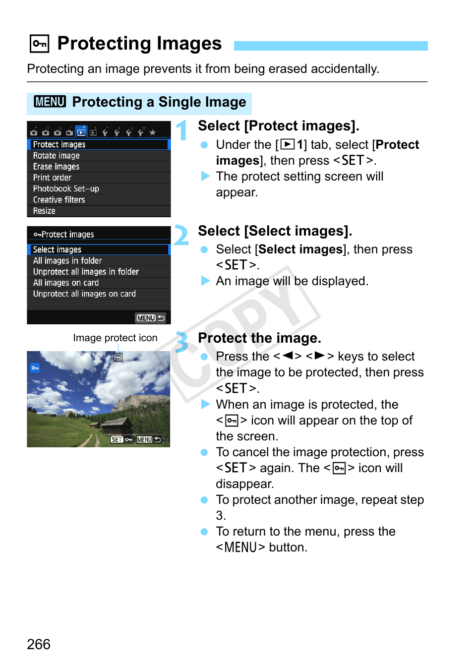 Protecting images, P.266, Cop y | Kprotecting images | Canon EOS Rebel SL1 18-55mm IS STM Lens Kit User Manual | Page 266 / 388
