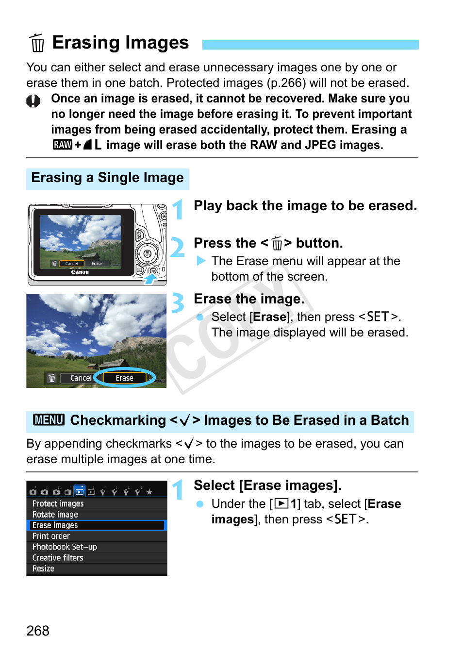 Erasing images, Erasing images” (p.268), P.268 | Erase button (p.268), Cop y | Canon EOS Rebel SL1 18-55mm IS STM Lens Kit User Manual | Page 268 / 388