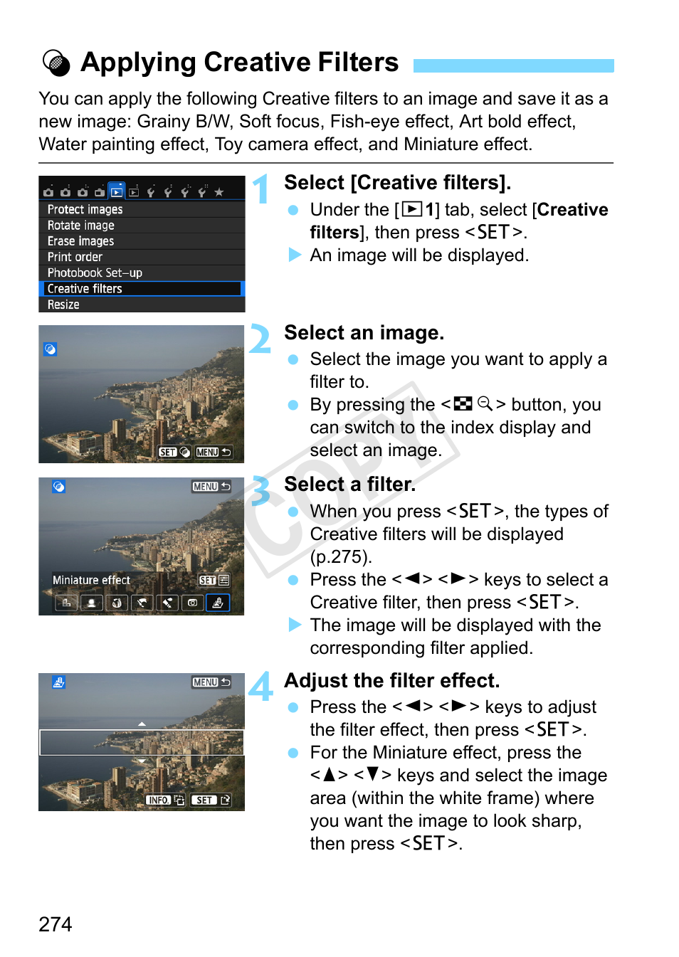 Applying creative filters, P.274, Cop y | Canon EOS Rebel SL1 18-55mm IS STM Lens Kit User Manual | Page 274 / 388