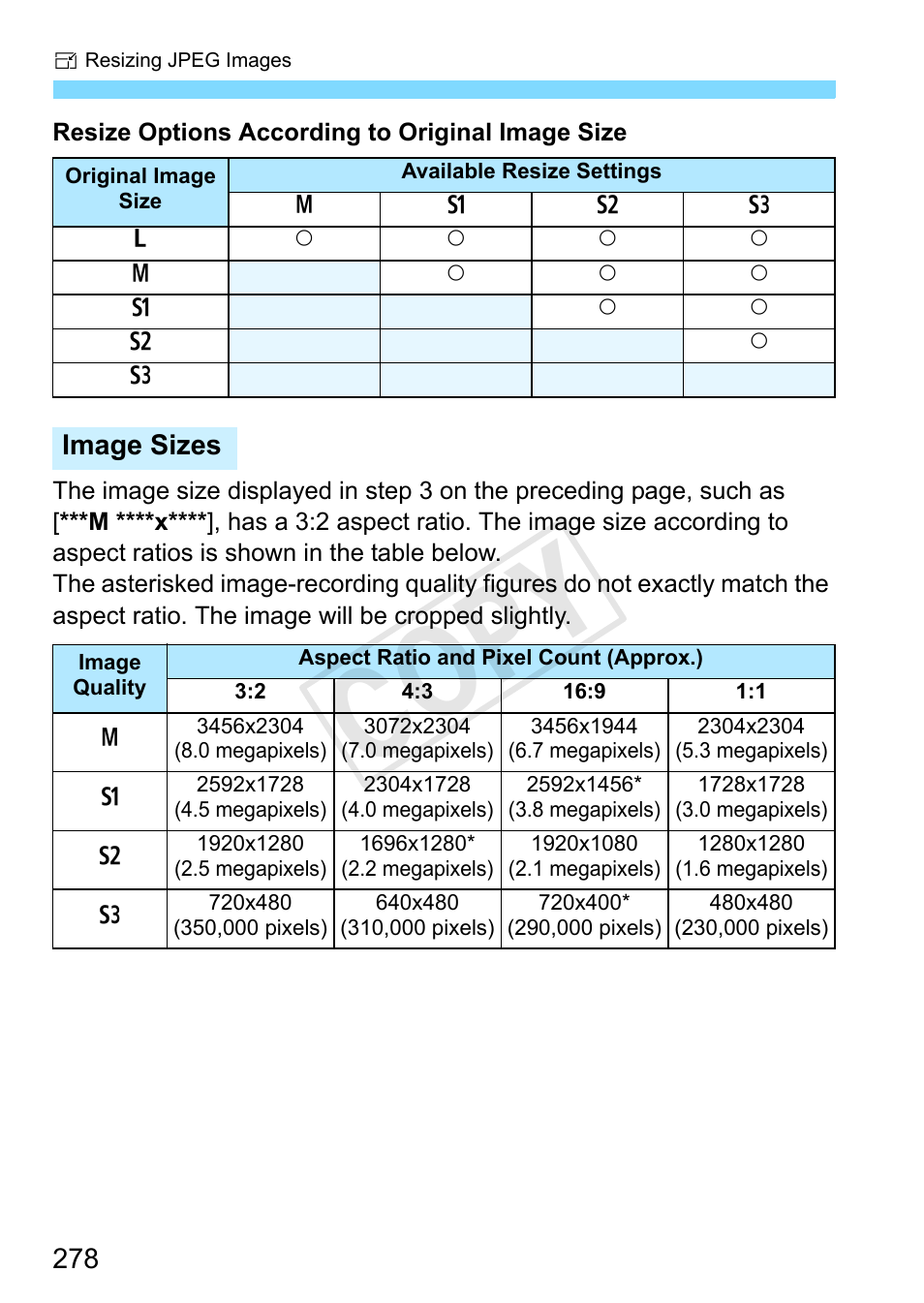 Cop y, Image sizes | Canon EOS Rebel SL1 18-55mm IS STM Lens Kit User Manual | Page 278 / 388
