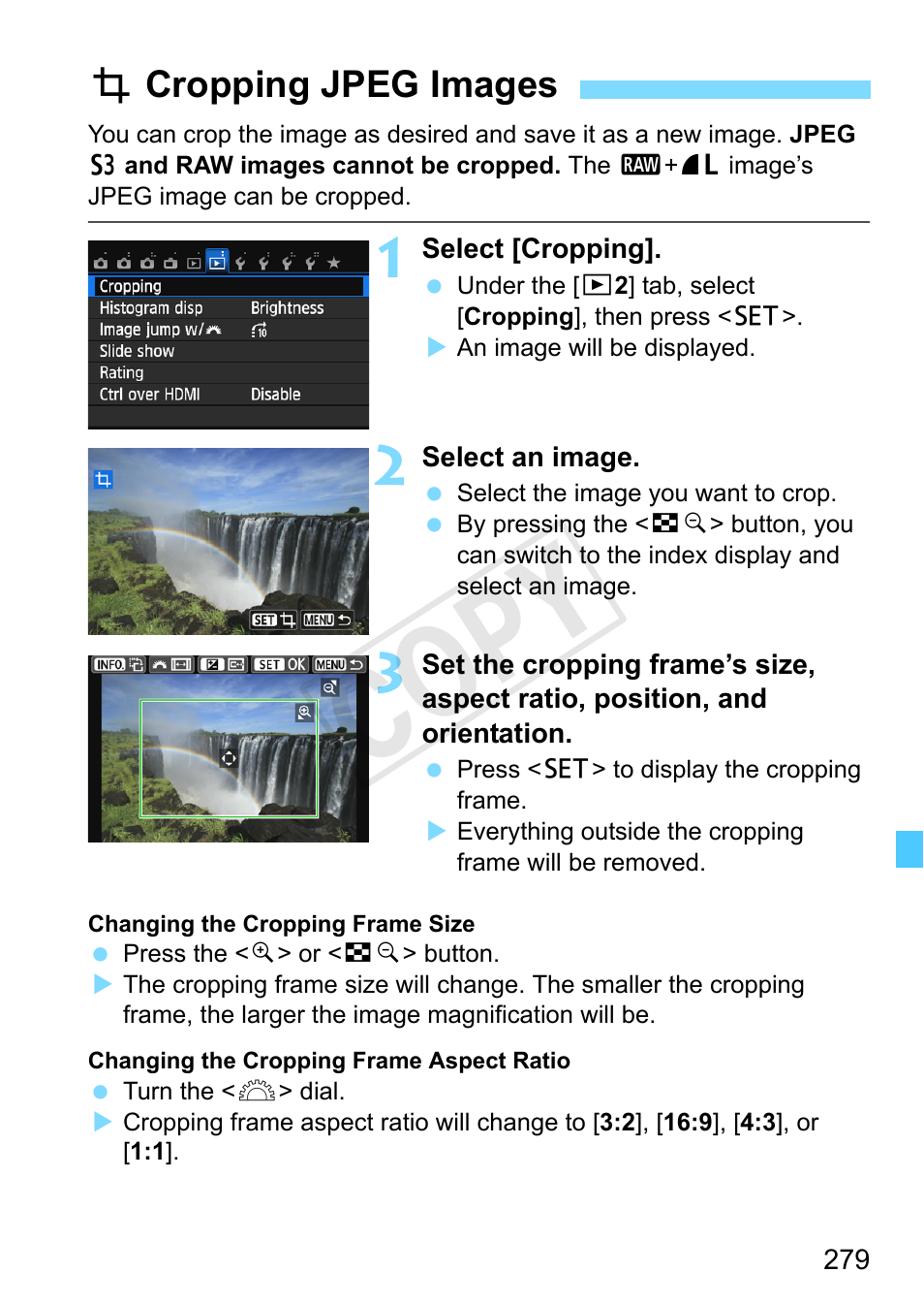 Cropping jpeg images, Cop y, Ncropping jpeg images | Canon EOS Rebel SL1 18-55mm IS STM Lens Kit User Manual | Page 279 / 388