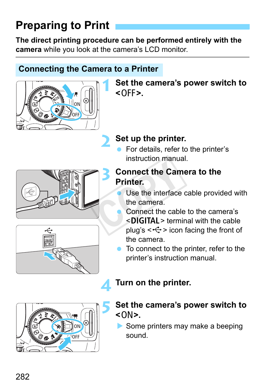 Preparing to print, Cop y | Canon EOS Rebel SL1 18-55mm IS STM Lens Kit User Manual | Page 282 / 388