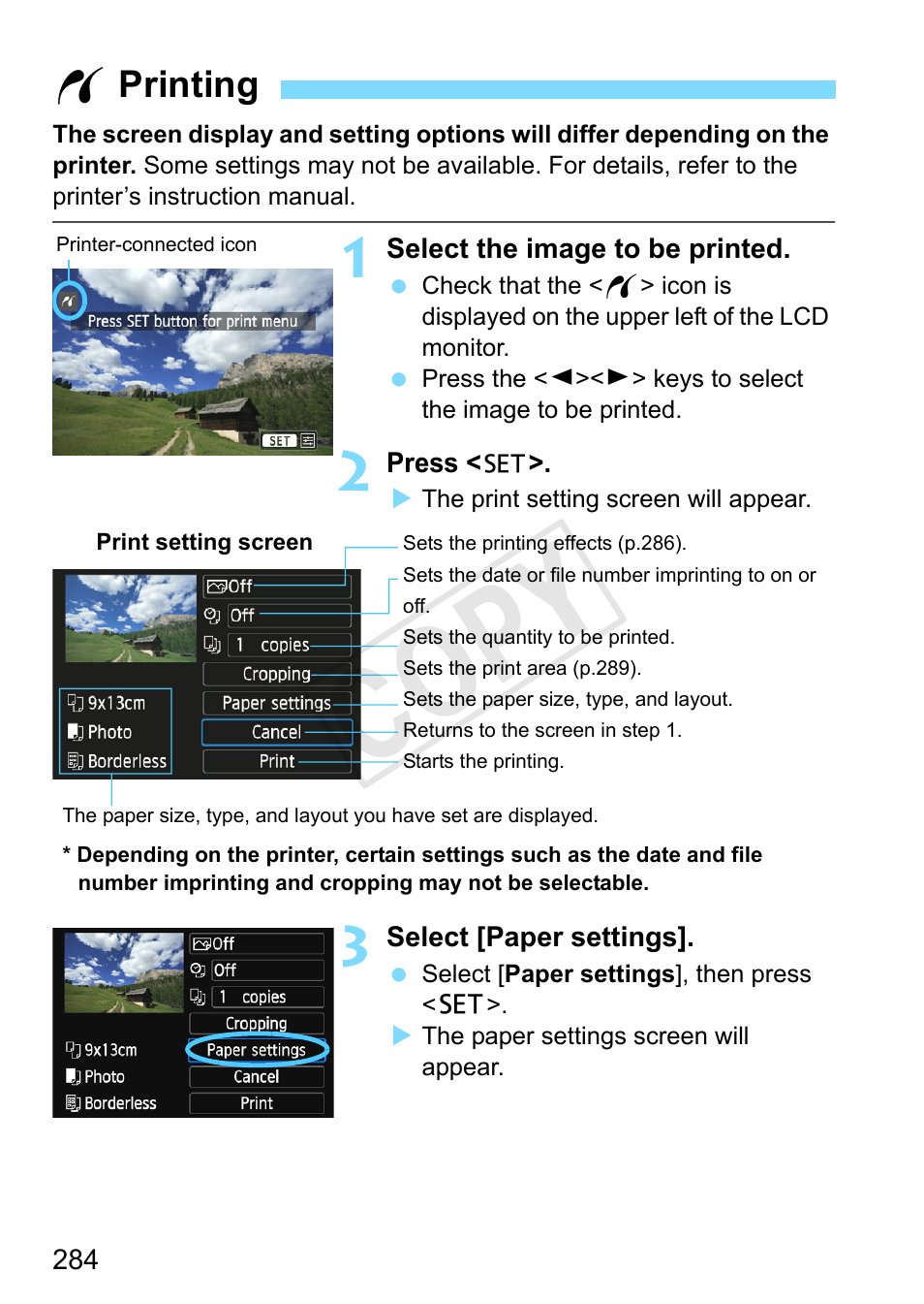 Printing, W printing, Cop y | Canon EOS Rebel SL1 18-55mm IS STM Lens Kit User Manual | Page 284 / 388