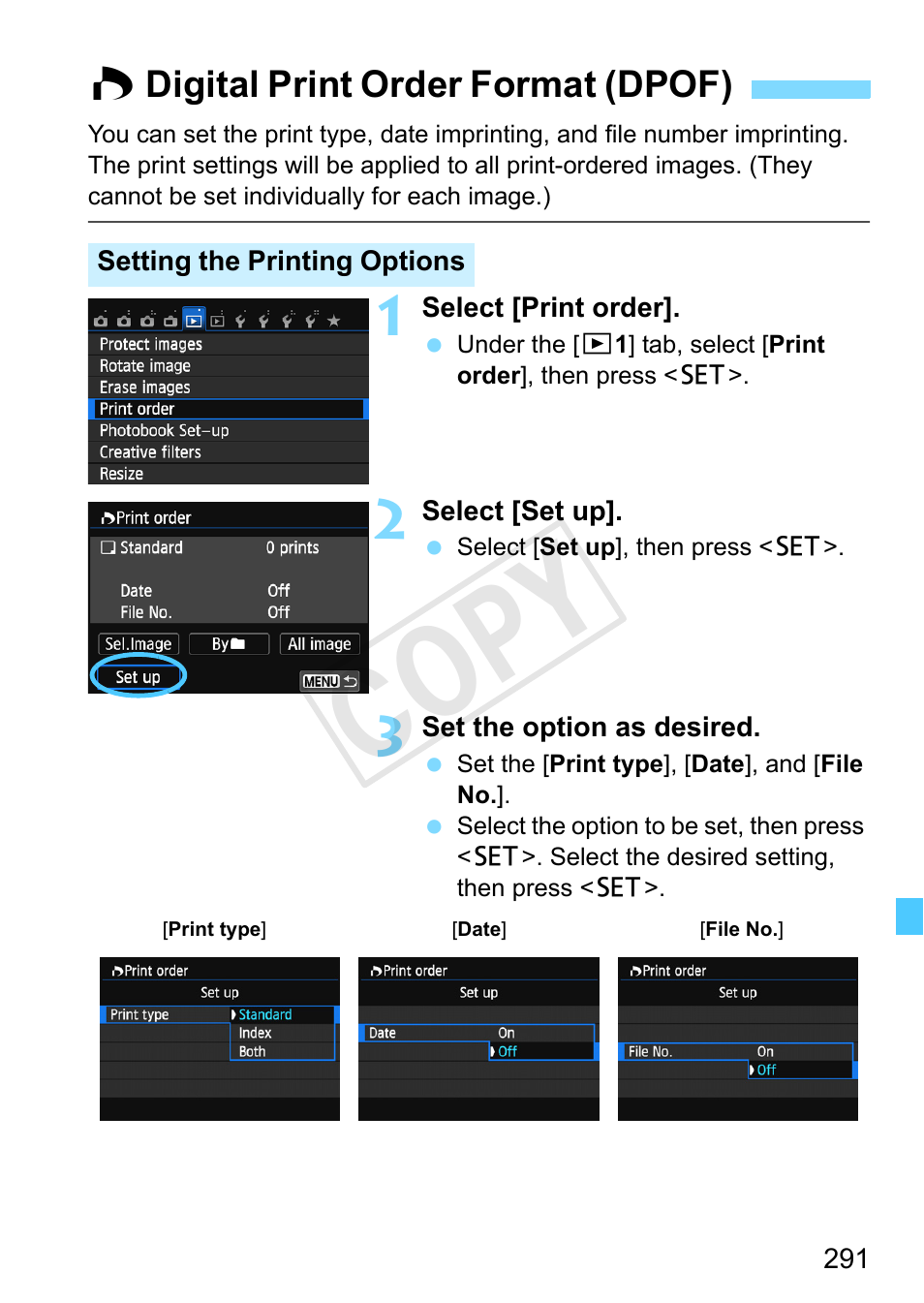 Digital print order format (dpof), W digital print order format (dpof), Cop y | Canon EOS Rebel SL1 18-55mm IS STM Lens Kit User Manual | Page 291 / 388