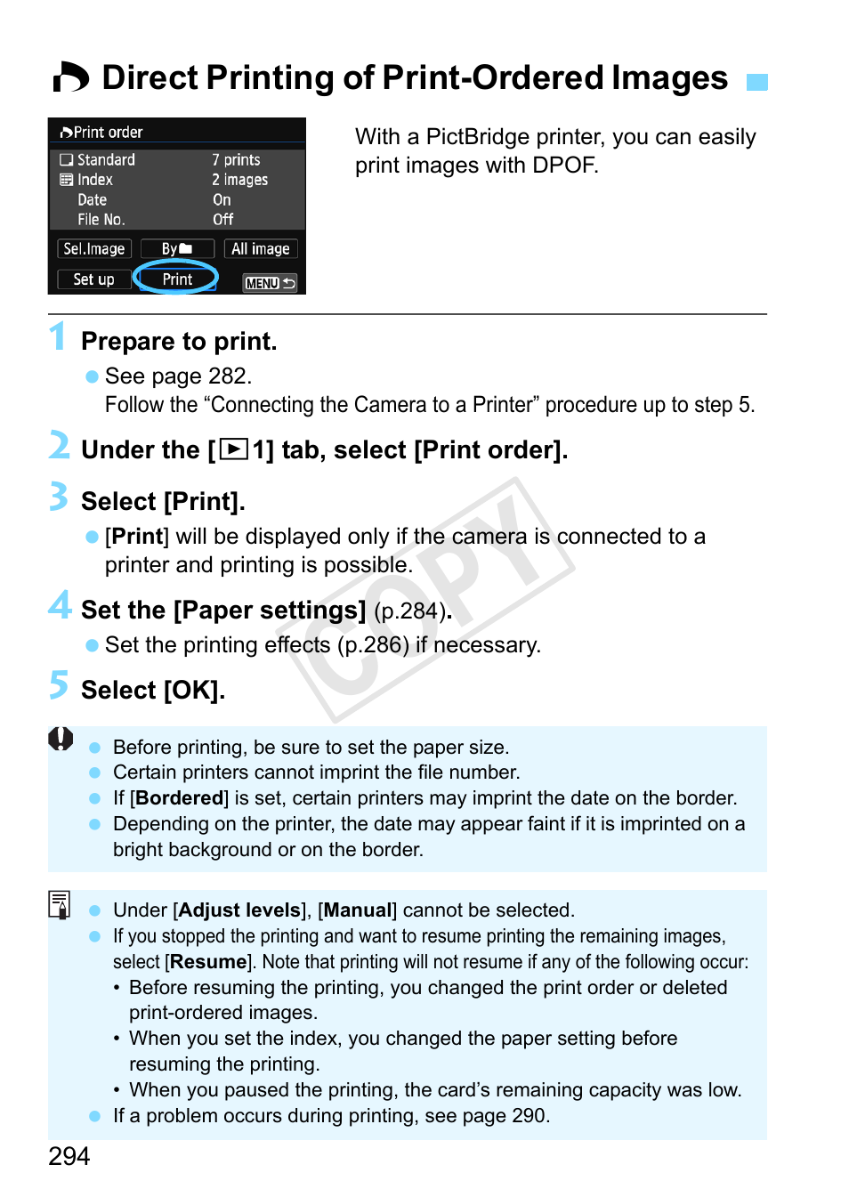 Direct printing of print-ordered images, W direct printing of print-ordered images, C op y | Canon EOS Rebel SL1 18-55mm IS STM Lens Kit User Manual | Page 294 / 388