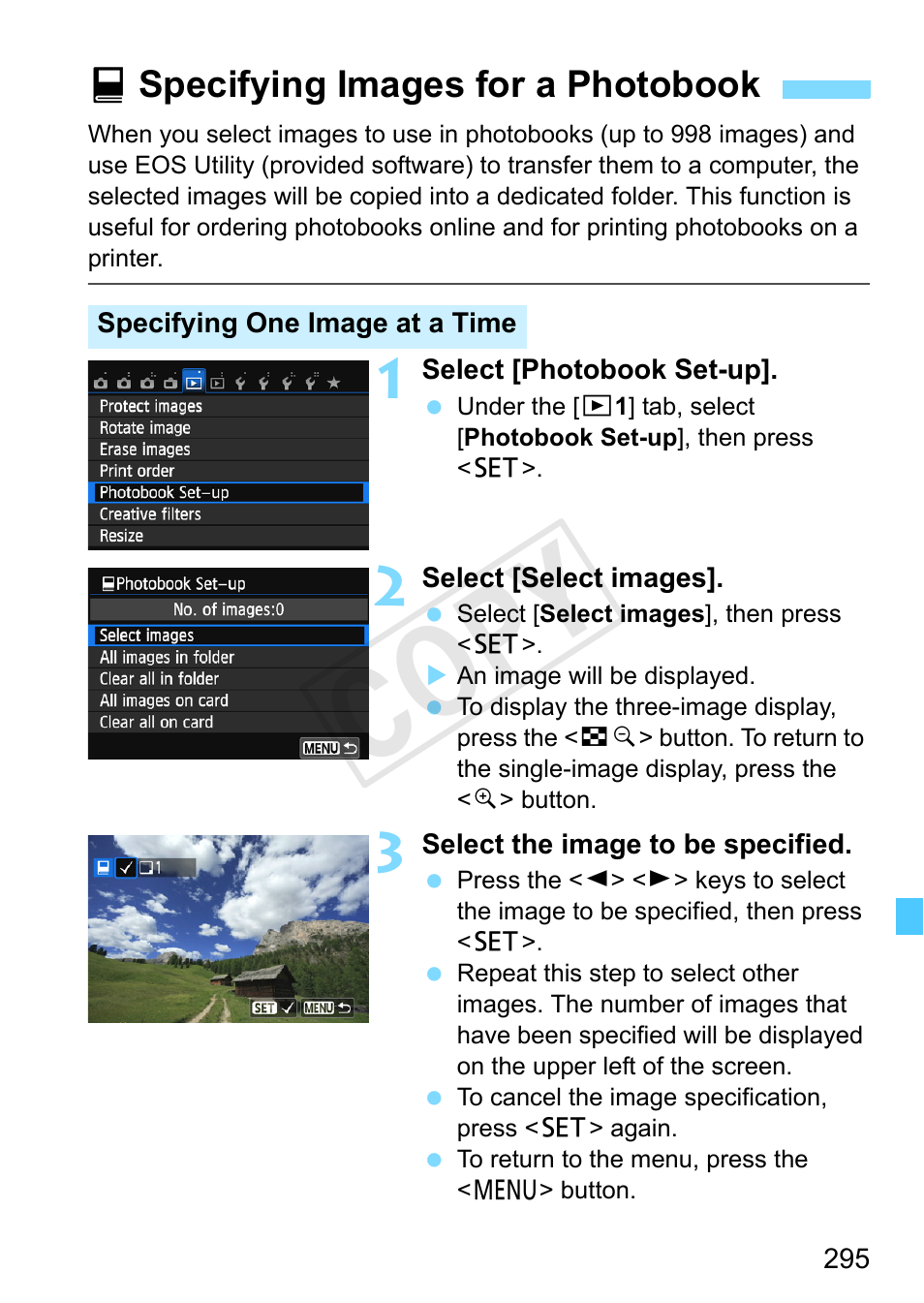 Specifying images for a photobook, Cop y | Canon EOS Rebel SL1 18-55mm IS STM Lens Kit User Manual | Page 295 / 388