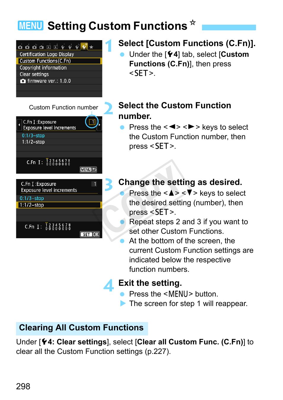 Setting custom functions, Cop y | Canon EOS Rebel SL1 18-55mm IS STM Lens Kit User Manual | Page 298 / 388