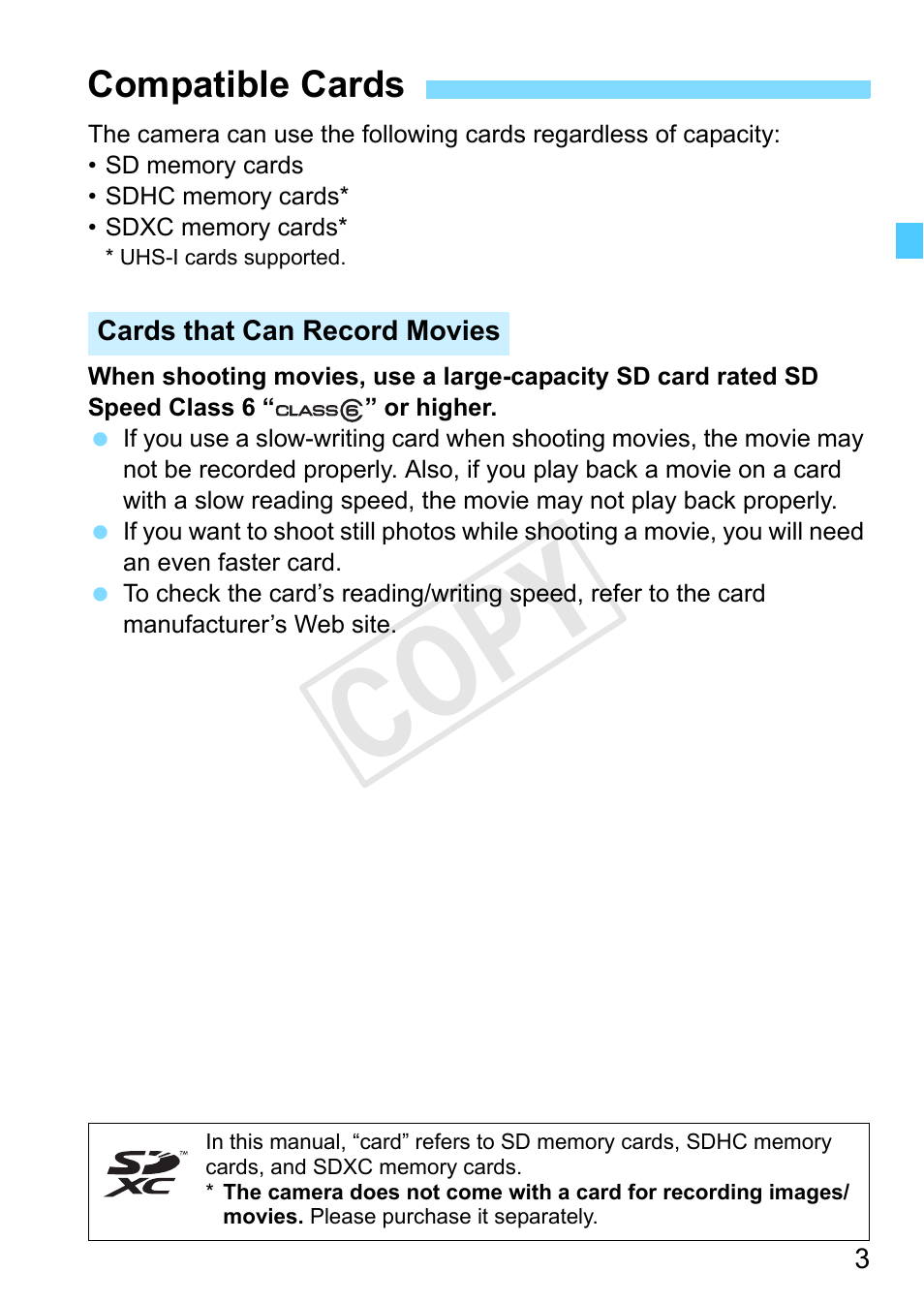 Compatible cards, Cop y | Canon EOS Rebel SL1 18-55mm IS STM Lens Kit User Manual | Page 3 / 388
