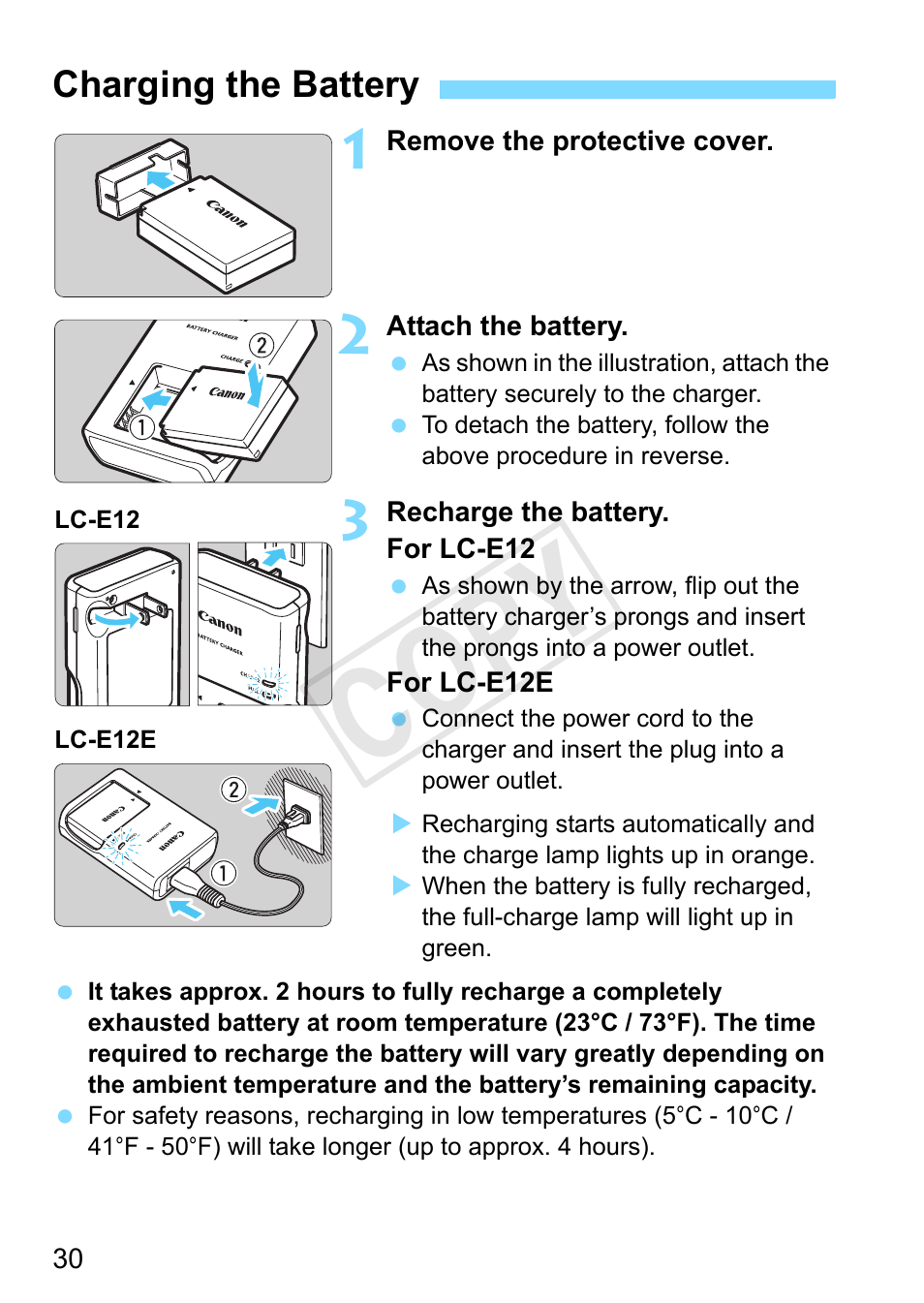 Charging the battery, Ge 30, P.30 | Cop y | Canon EOS Rebel SL1 18-55mm IS STM Lens Kit User Manual | Page 30 / 388