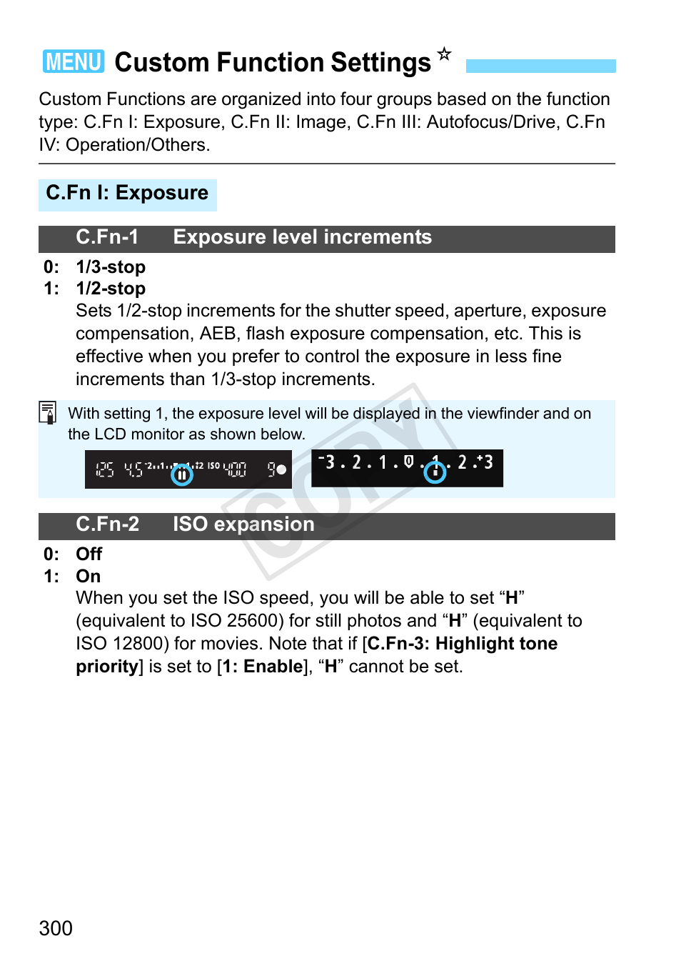 Custom function settings, C.fn i: exposure, Can also be set (p.300) | P.300, Cop y | Canon EOS Rebel SL1 18-55mm IS STM Lens Kit User Manual | Page 300 / 388