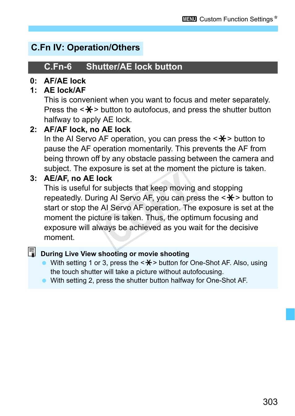 C.fn iv: operation/others, P.303, Cop y | Canon EOS Rebel SL1 18-55mm IS STM Lens Kit User Manual | Page 303 / 388