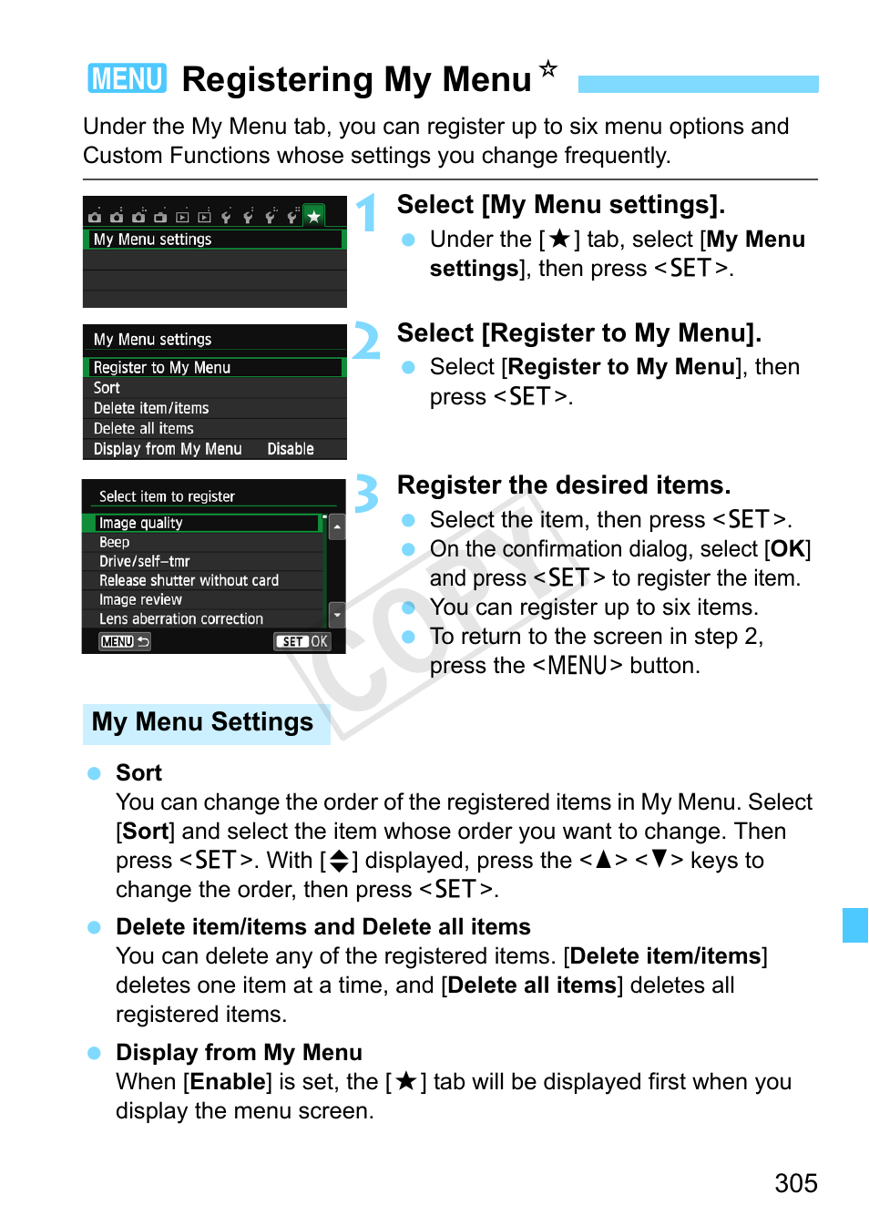 Registering my menu, Cop y | Canon EOS Rebel SL1 18-55mm IS STM Lens Kit User Manual | Page 305 / 388