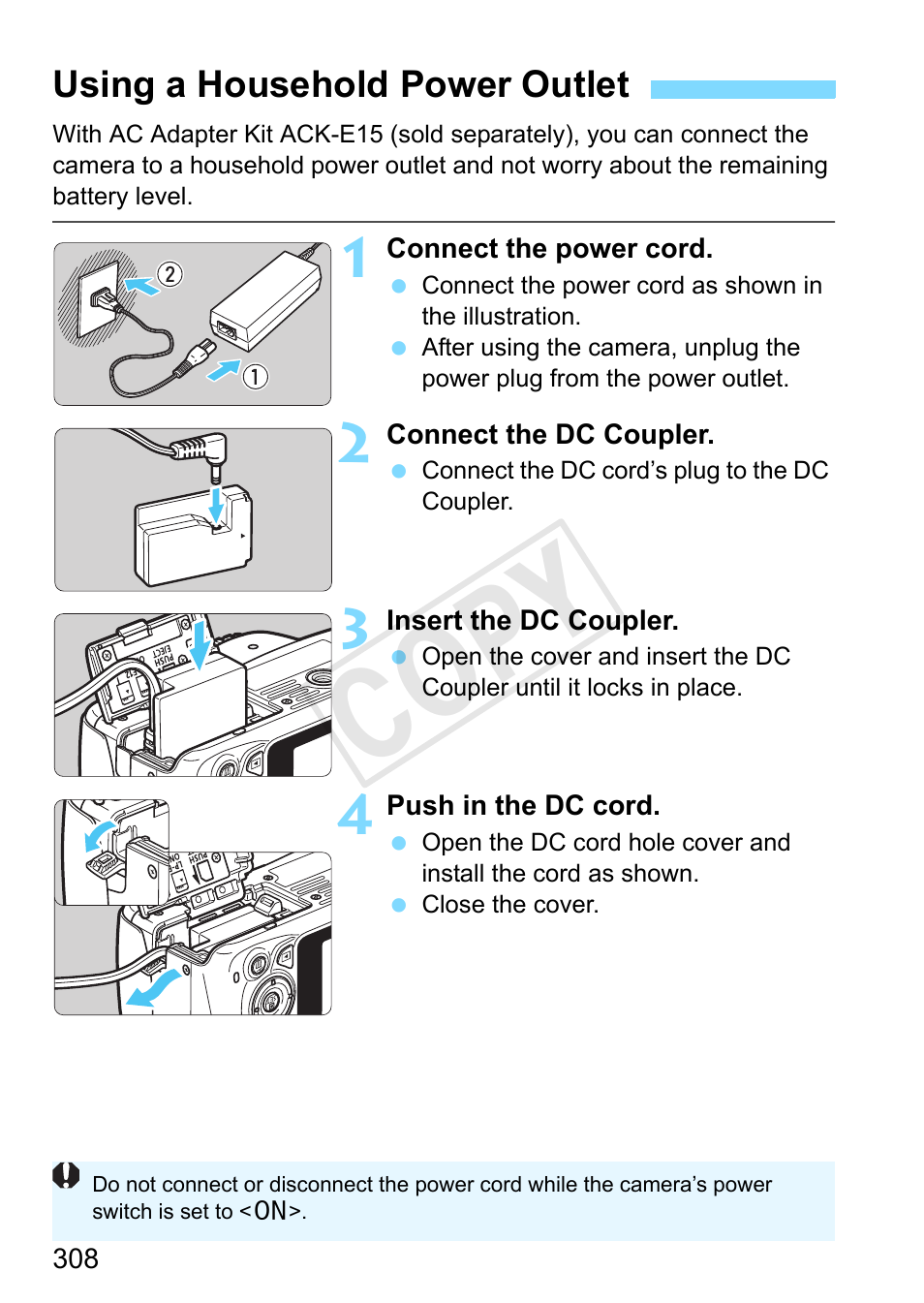 Using a household power outlet, P.308, P.308) | Cop y | Canon EOS Rebel SL1 18-55mm IS STM Lens Kit User Manual | Page 308 / 388