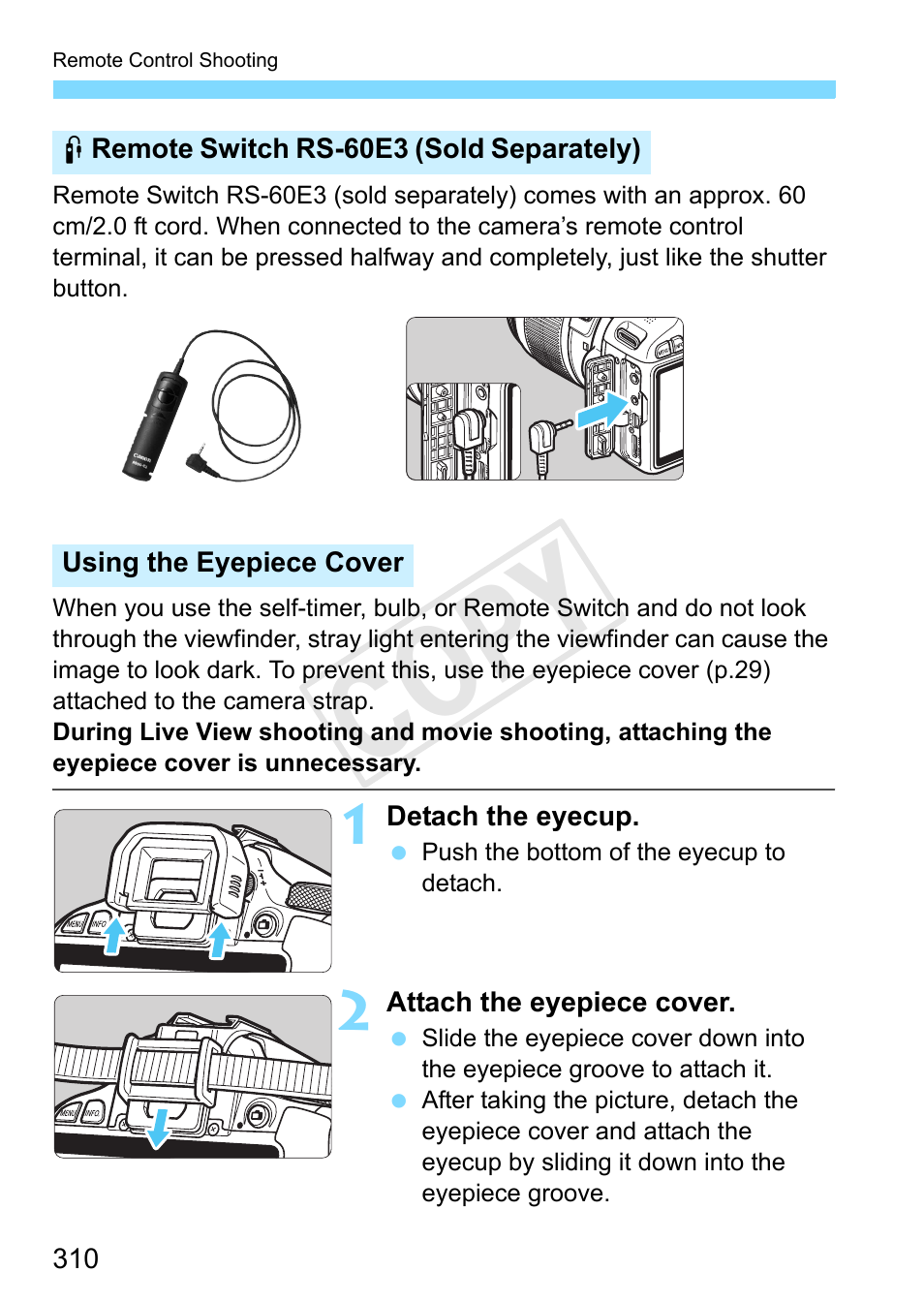 P.310), Eyecup (p.310), P.310). if stray | P.310) is recommended, Cop y | Canon EOS Rebel SL1 18-55mm IS STM Lens Kit User Manual | Page 310 / 388