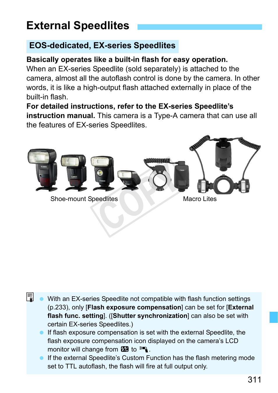 External speedlites, P.311, Hot shoe (p.311) | Cop y | Canon EOS Rebel SL1 18-55mm IS STM Lens Kit User Manual | Page 311 / 388