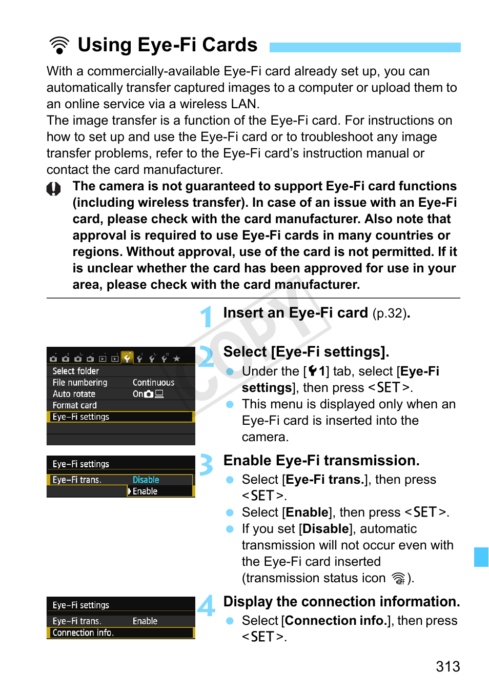 Using eye-fi cards, Eye-fi transmission status (p.313), Cop y | Canon EOS Rebel SL1 18-55mm IS STM Lens Kit User Manual | Page 313 / 388