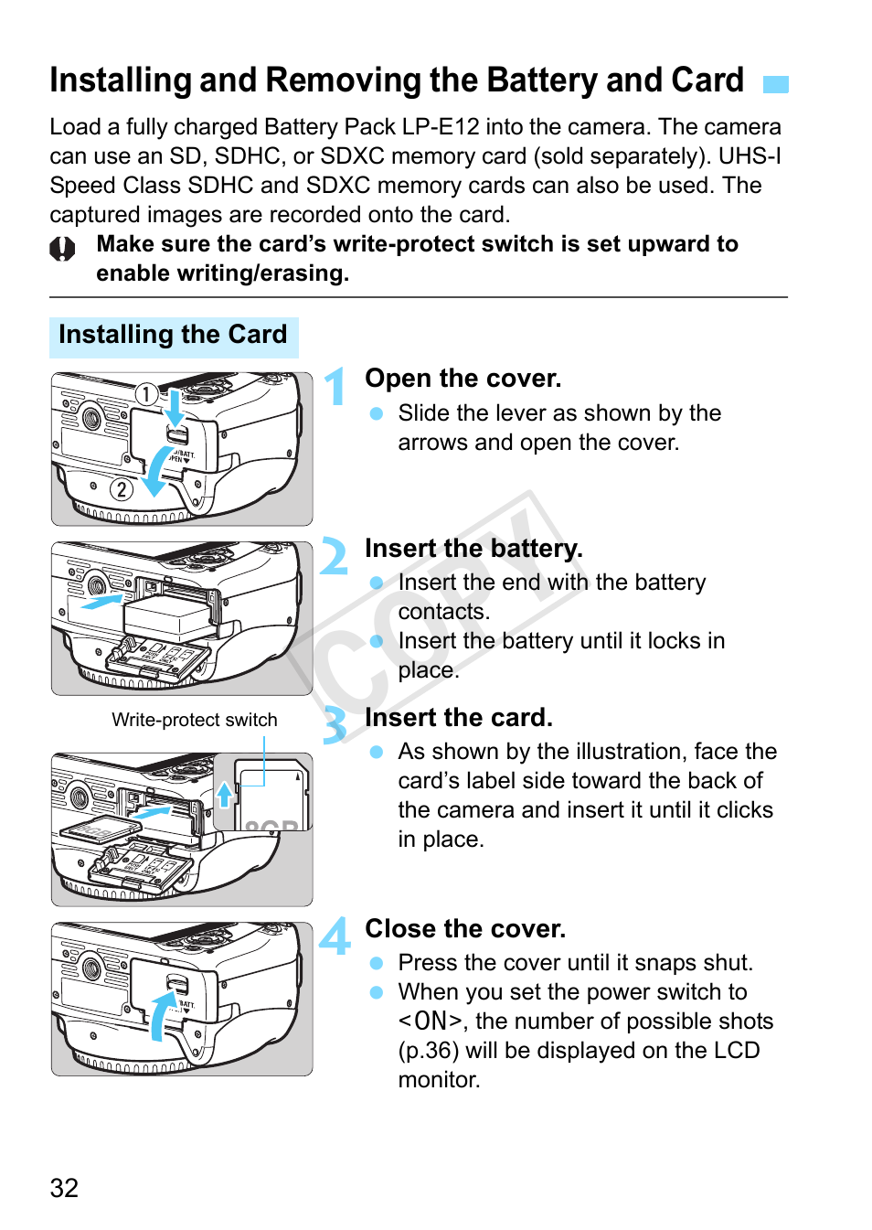 Installing and removing the battery and card, P.32), P.32 | Cover (p.32), Cover release lever (p.32), Card slot (p.32), Battery compartment (p.32), Cop y | Canon EOS Rebel SL1 18-55mm IS STM Lens Kit User Manual | Page 32 / 388