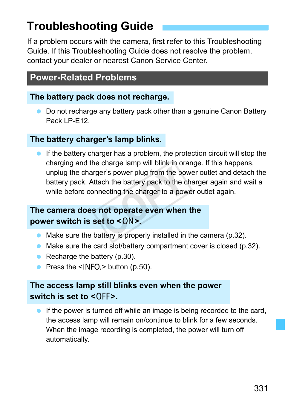 Troubleshooting guide, Cop y | Canon EOS Rebel SL1 18-55mm IS STM Lens Kit User Manual | Page 331 / 388