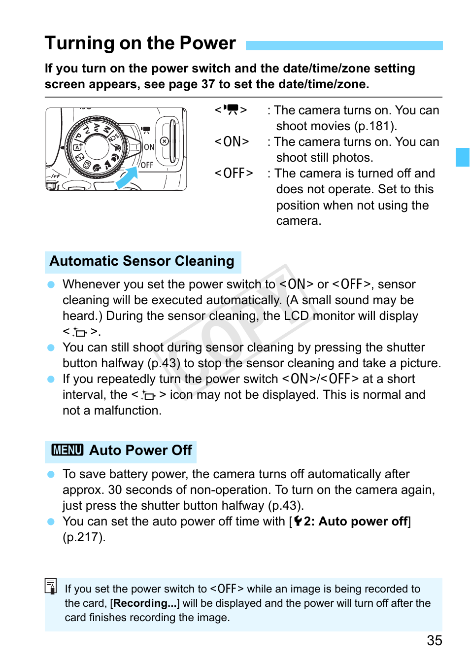 Turning on the power, P.35), P.35 | Power switch (p.35), Cop y | Canon EOS Rebel SL1 18-55mm IS STM Lens Kit User Manual | Page 35 / 388