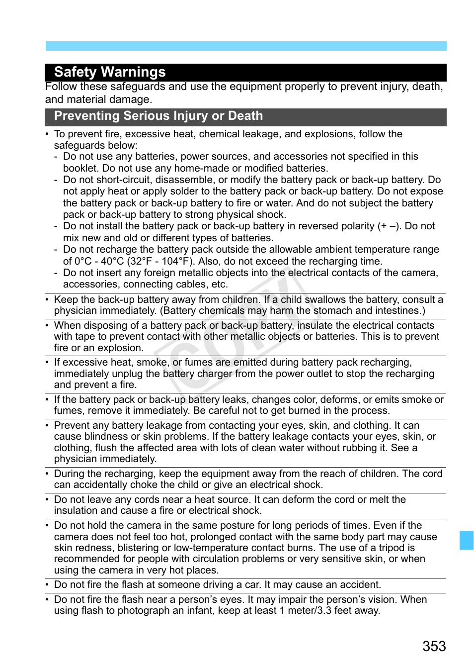 Safety warnings, Cop y | Canon EOS Rebel SL1 18-55mm IS STM Lens Kit User Manual | Page 353 / 388