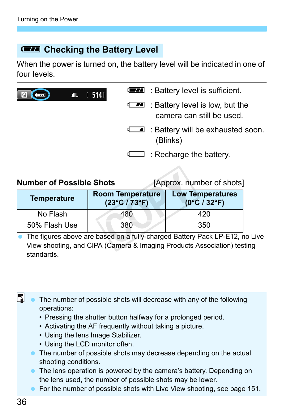 P.36, Battery check (p.36), Cop y | Canon EOS Rebel SL1 18-55mm IS STM Lens Kit User Manual | Page 36 / 388