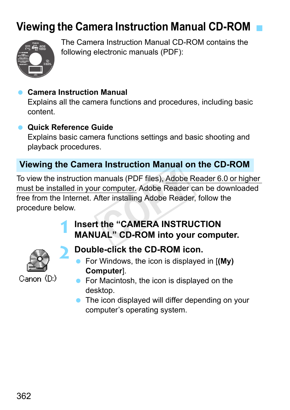 Viewing the camera instruction manual cd-rom, Cop y | Canon EOS Rebel SL1 18-55mm IS STM Lens Kit User Manual | Page 362 / 388