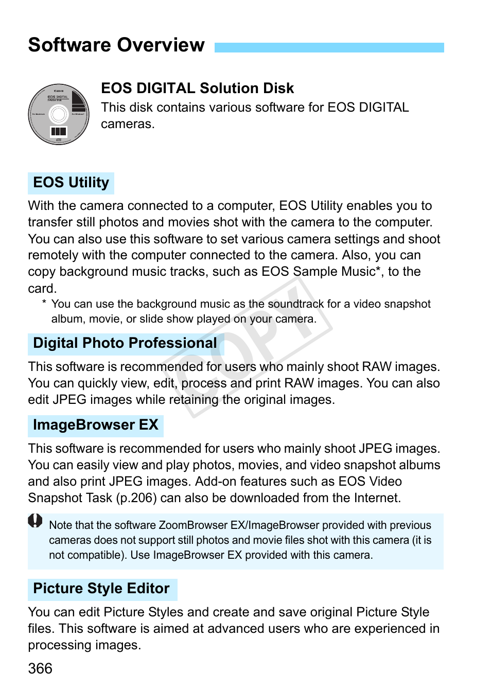 Software overview, P.366) or other sof, Ware, p.366) | Cop y | Canon EOS Rebel SL1 18-55mm IS STM Lens Kit User Manual | Page 366 / 388