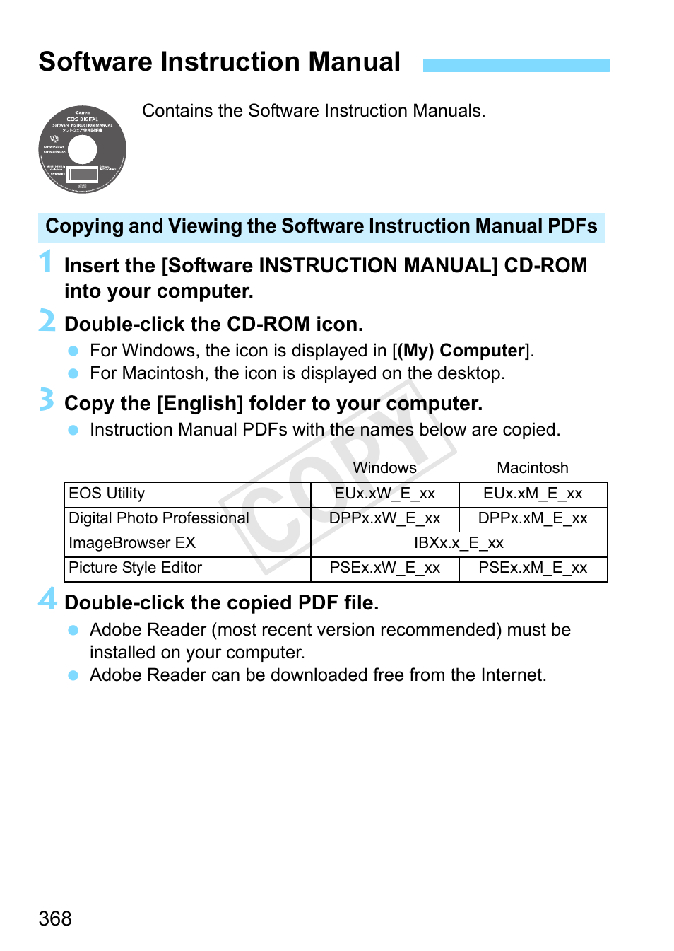 Software instruction manual, P.368), Cop y | Canon EOS Rebel SL1 18-55mm IS STM Lens Kit User Manual | Page 368 / 388