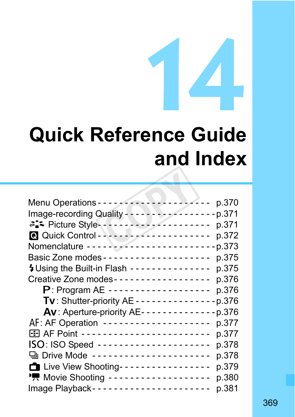 Quick reference guide and index, Cop y | Canon EOS Rebel SL1 18-55mm IS STM Lens Kit User Manual | Page 369 / 388