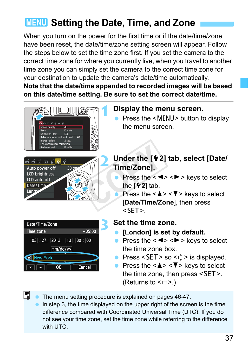 Setting the date, time, and zone, Ge 37, P.37 | Ge 37 to set the date/time/zone, Cop y | Canon EOS Rebel SL1 18-55mm IS STM Lens Kit User Manual | Page 37 / 388