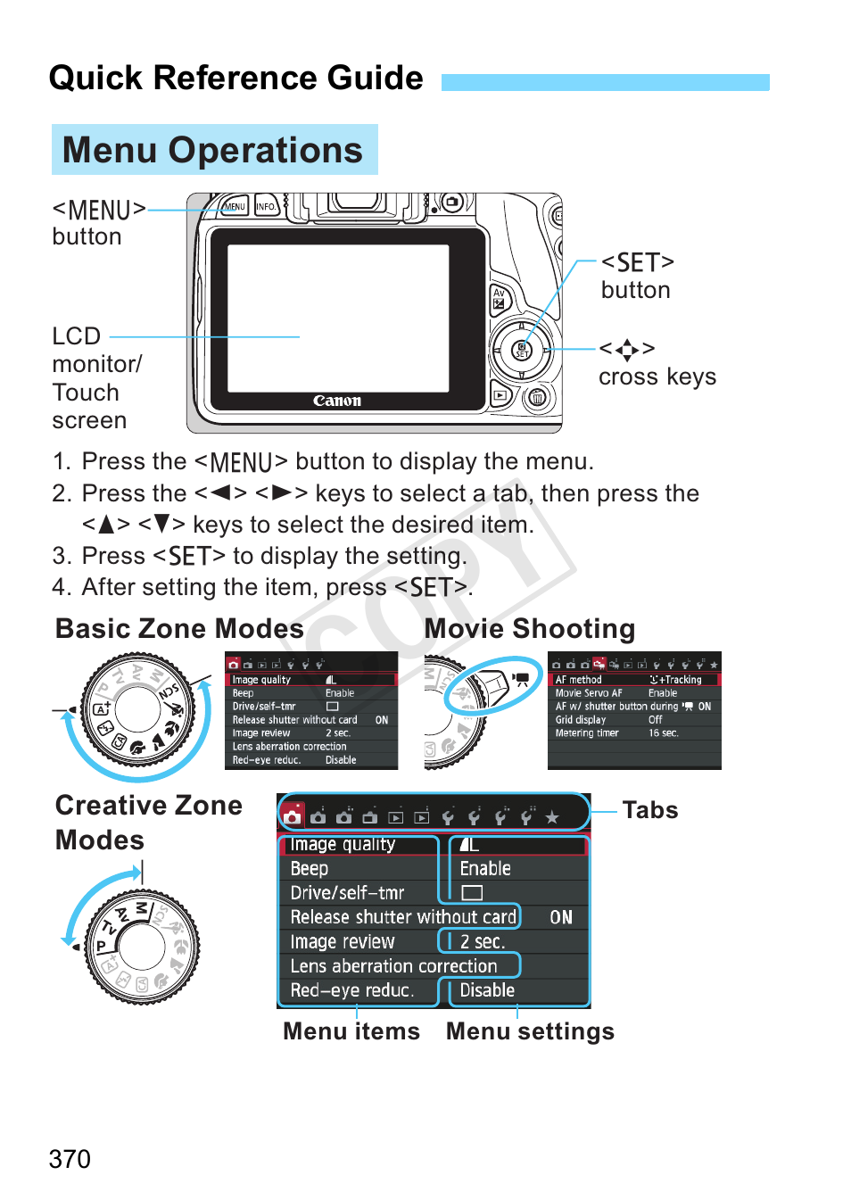 Quick reference guide, P.370, Cop y | Menu operations | Canon EOS Rebel SL1 18-55mm IS STM Lens Kit User Manual | Page 370 / 388