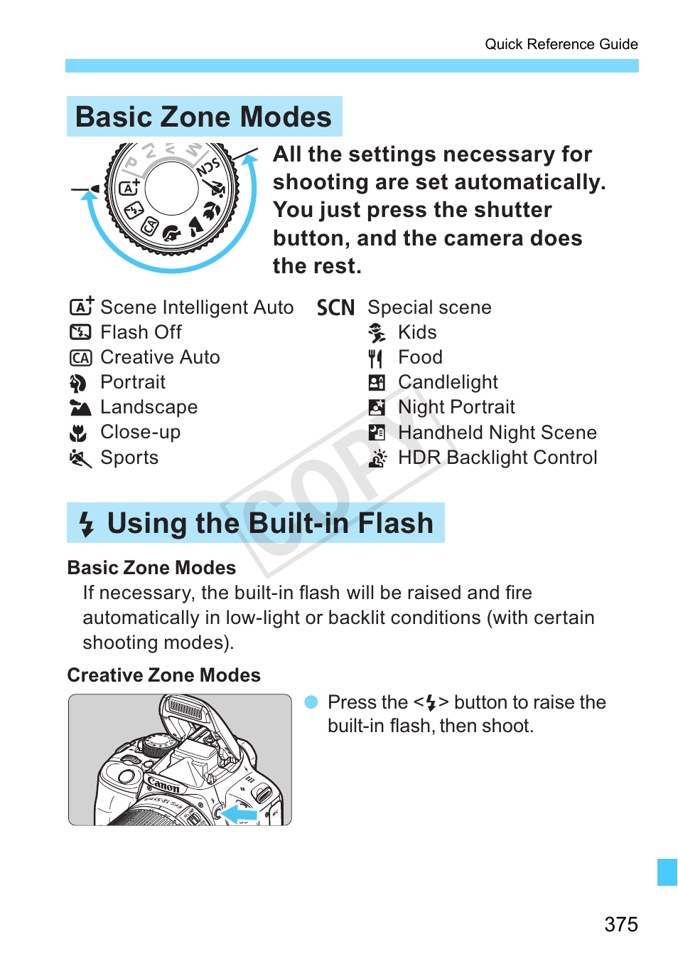 P.375, Cop y, Basic zone modes d using the built-in flash | Canon EOS Rebel SL1 18-55mm IS STM Lens Kit User Manual | Page 375 / 388