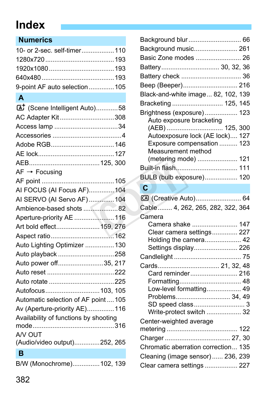 Index, C op y | Canon EOS Rebel SL1 18-55mm IS STM Lens Kit User Manual | Page 382 / 388