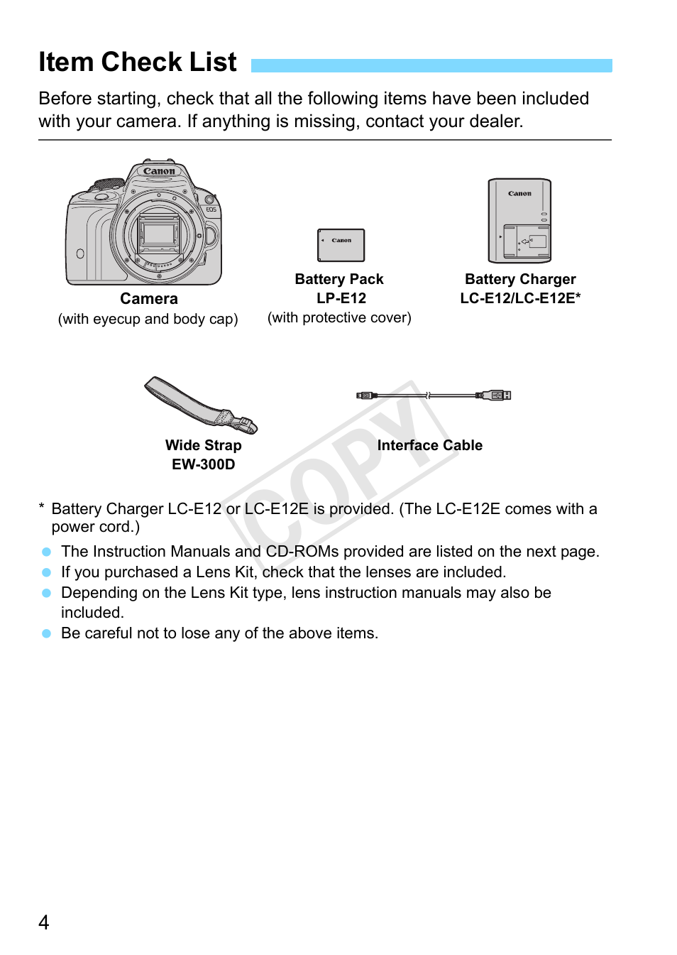 Item check list, Cop y | Canon EOS Rebel SL1 18-55mm IS STM Lens Kit User Manual | Page 4 / 388