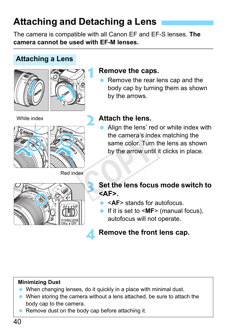 Attaching and detaching a lens, P.40), P.40 | Ef lens mount index (p.40), Ef-s lens mount index (p.40), Body cap (p.40), Cop y | Canon EOS Rebel SL1 18-55mm IS STM Lens Kit User Manual | Page 40 / 388