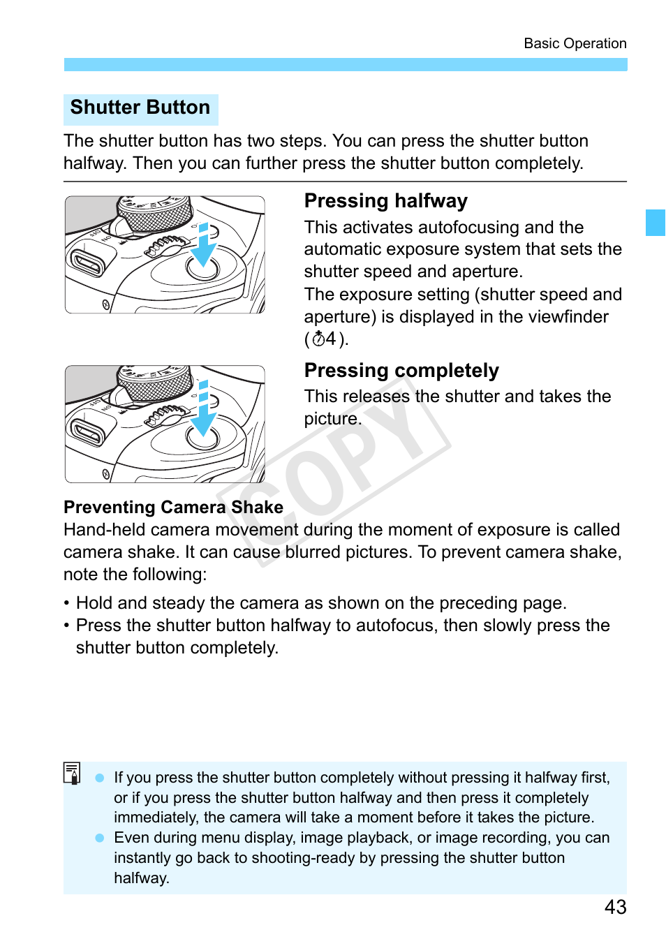P.43), Just press the shutter button halfway (p.43), Cop y | Canon EOS Rebel SL1 18-55mm IS STM Lens Kit User Manual | Page 43 / 388