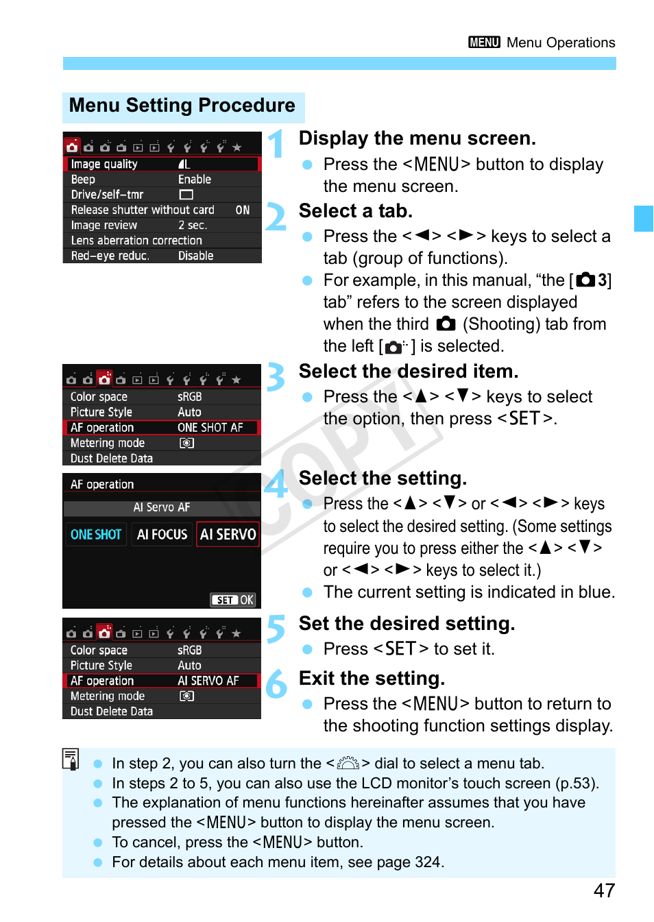 Cop y | Canon EOS Rebel SL1 18-55mm IS STM Lens Kit User Manual | Page 47 / 388